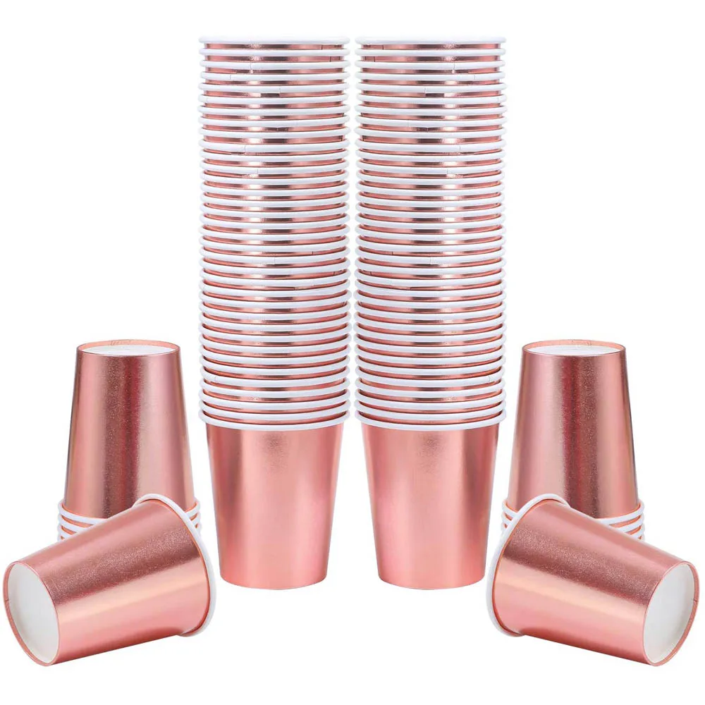 100 Packs Disposable Cup Rose Gold Foil Paper 9oz Party Wedding Birthday Drinking Tableware Supplies