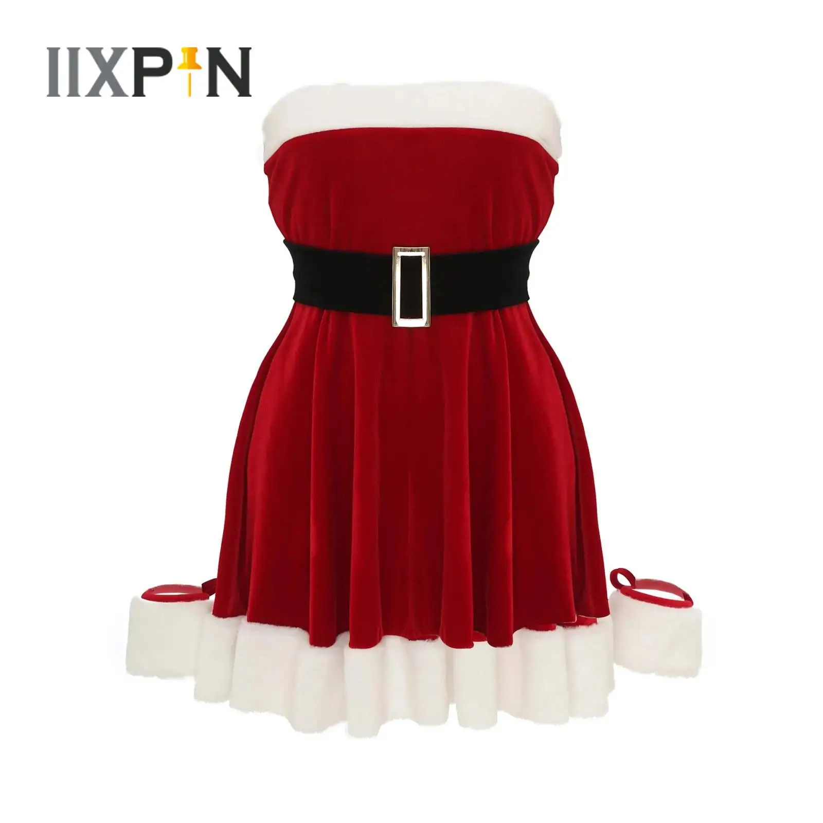 

Womens Red Velvet Christmas Dress Xmas Party Santa Claus Cosplay Costume Hairy White Trim A-Line Dress with Belt+Wristband Cuffs