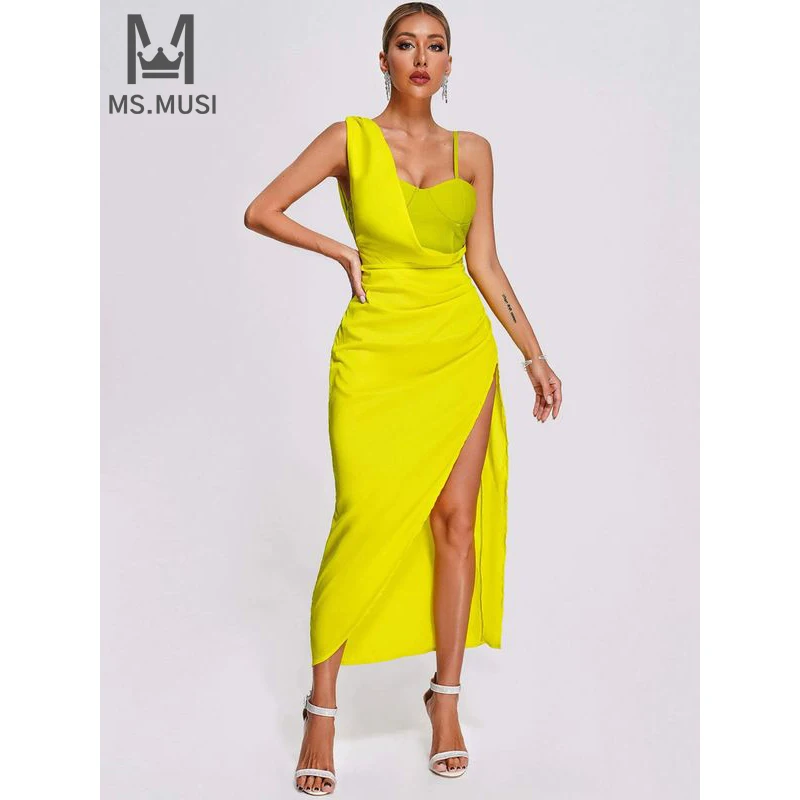 

MSMUSI 2024 New Fashion Women Sexy One Shoulder Strap Draped Sleeveless Backless Bandage Bodycon Party Club Event Midi Dress