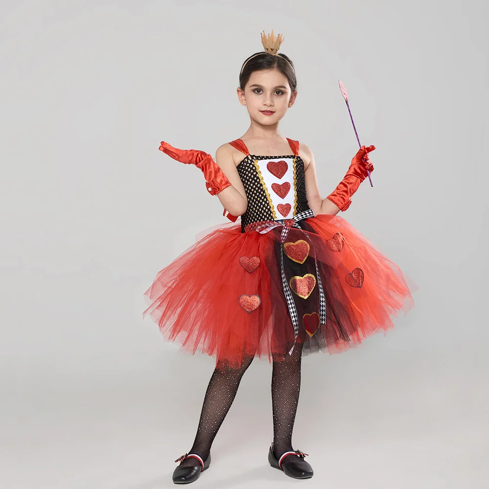 Ragazze Red Queen Of Hearts Costumi Ragazze Alice Nel Paese Delle Meraviglie Fancy Dress Kids Carnival Halloween Outfit Con Crown Magic Stick
