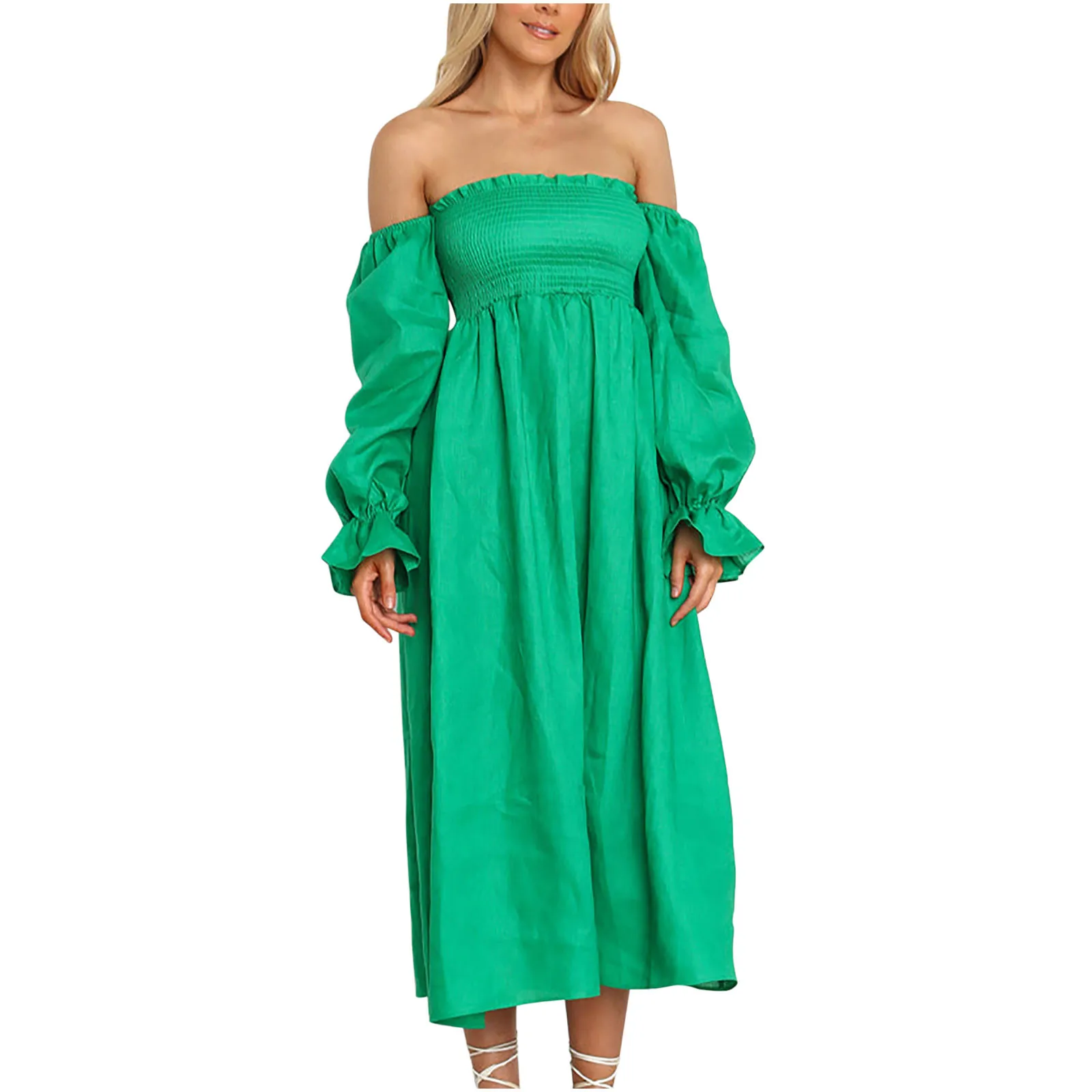 Off Shoulder Shirred Flowy Swing Dress Women Strapless Solid Color