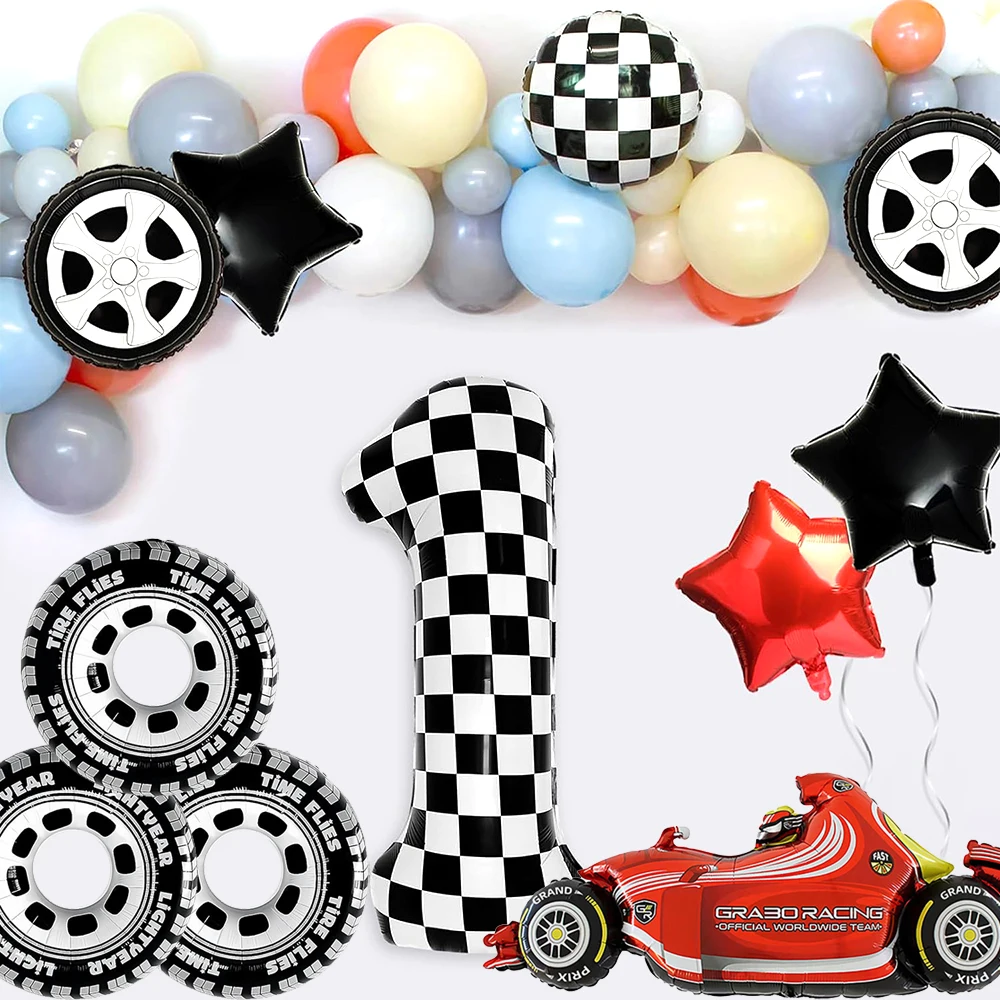 Race Car Theme Party Checkered Foil Balloons - Wheel & Tire Design for Kids Racing Birthday & Baby Shower Decorations