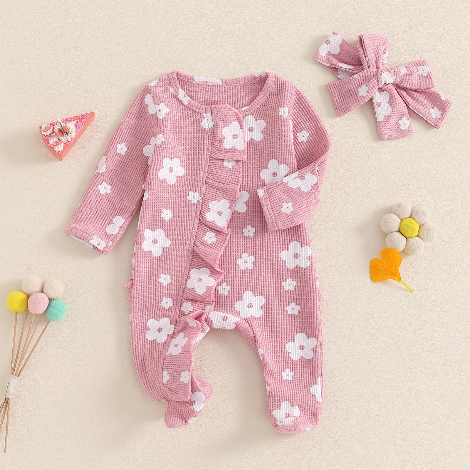 Toddler Baby Girls Floral Footies Jumpsuit and Headband Children Cotton Long Sleeve Frills Zipped Autumn Spring Kids Clothes baby clothes baby sleepsuit