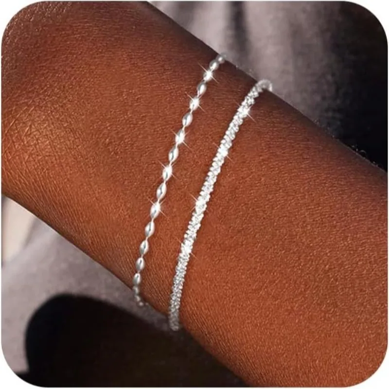 Kettenarmband aus Sterlingsilber für Damen: Zierliches, stapelbares, trendiges, süßes, geschichtetes Büroklammer-Armband-Set, wasserfester Silberschmuck