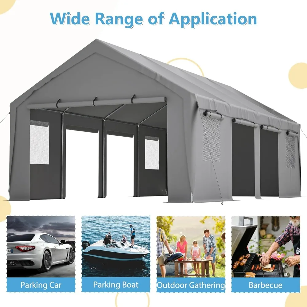 Outdoor Garage 13'x 25' Heavy Duty Car Port Roll-up Sidewall and Ventilated Windows with Removable Sidewalls,Portable