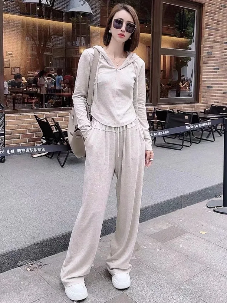 

Davestis Casual Long Sleeve Top+Wide Leg Pants Two Piece Sets 2023 Hooded Pullovers Top Draw Rope Long Pant Women 2 Pieces Sets