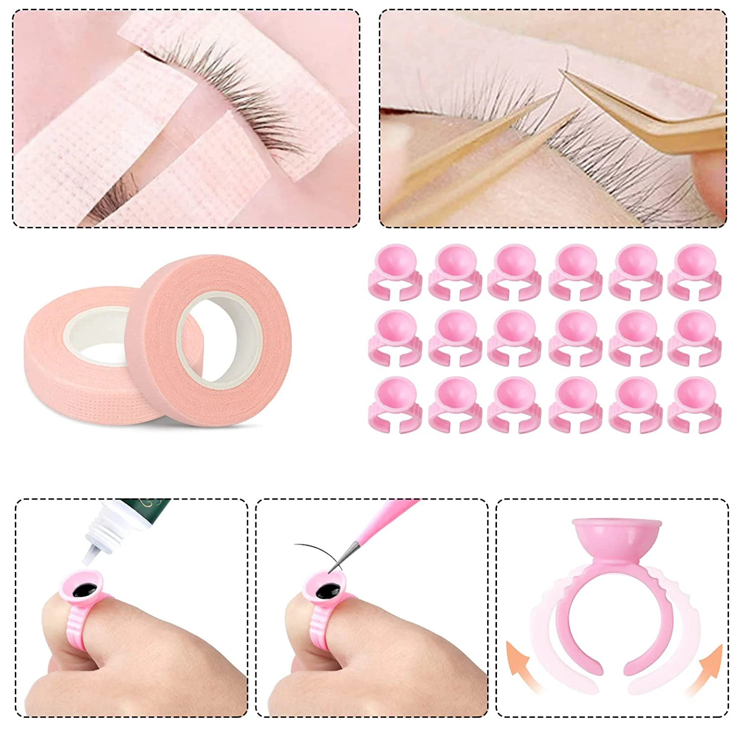 Eyelash Extension Supplies Kit Eyelash Fan Dryer Eye Pads Patches Tweezers Glue Rings Mascara Wands Micro Brushes Applicators