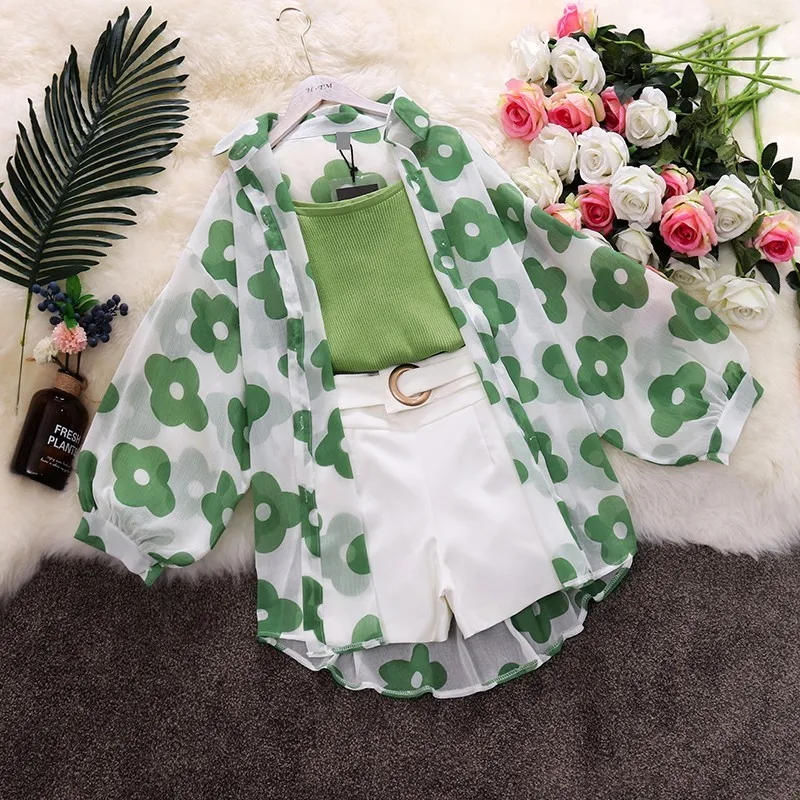 2023 New Summer Women's Knitted Condole Belt + Lantern Sleeve Sunprevent Clothes + Wide Leg Shorts 3 Piece Sets Ladies - Summer must-haves