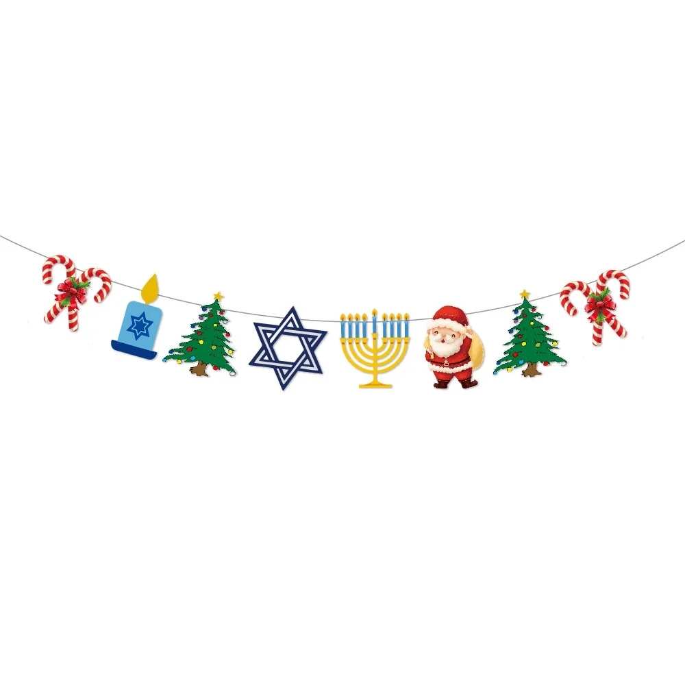 1Set MERRY CHRISMUKKAH Banner Hanukkah Party Decoration Candlestick Six-Pointed Star Paper Hanging Garland Home Party Decor Gift