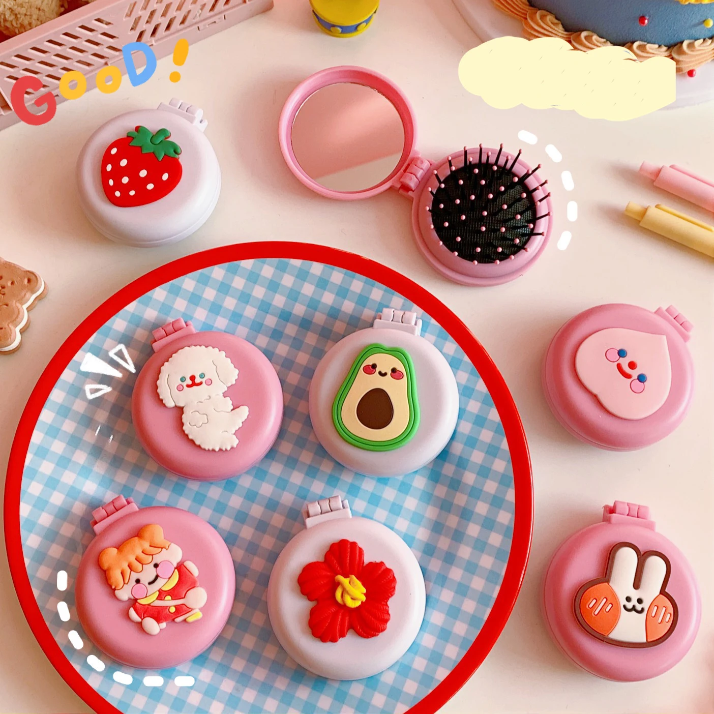 Description Picture 4 of item1pc Cute Folding Air Bag Comb With Mirror Compact Pocket Size Portable Travel Hair Brush Cosmetic Mirror Head Massager Relax