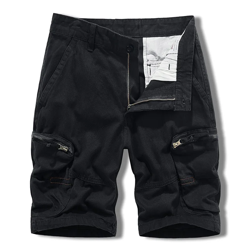 Mehrere Taschen, einfarbig, für den Sommer, lässige Cargo-Shorts für Herren, japanischer Safari-Stil, reine Baumwolle, Reißverschlusstasche, knielange Herren-Shorts_voghion.com