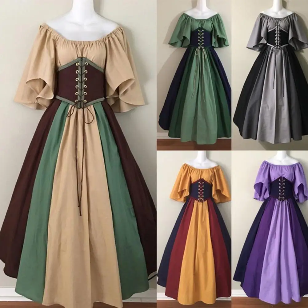 

Women Halloween Dress Halloween Party Costume Flying Sleeve A-line Big Hem Contrast Color Pleated Medieval Vintage Maxi Dress
