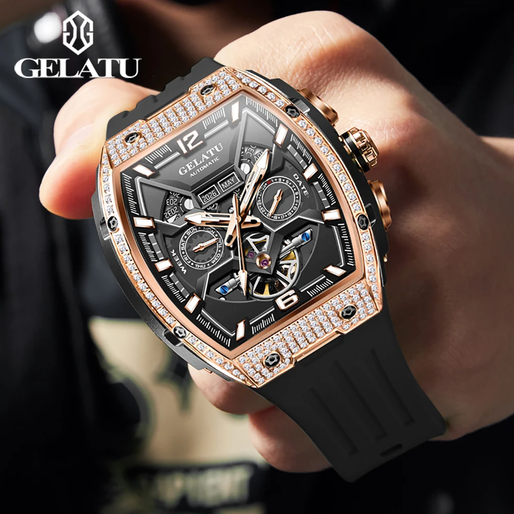 GELATU Full Diamond Men's Watches Flywheel Design Dual Calendar Automatic Mechanical Watch for Men TOP Brand Original Wristwatch