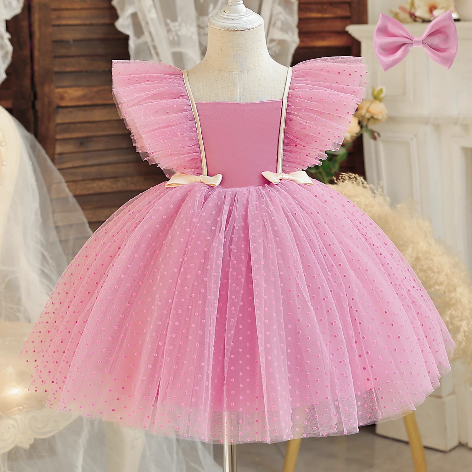 Baby White Baptism Dress Girl Ruffle Sleeve Birthday Princess Tutu Gown Flower Girl Wedding Party Dress 1st Communion Cloth 12M