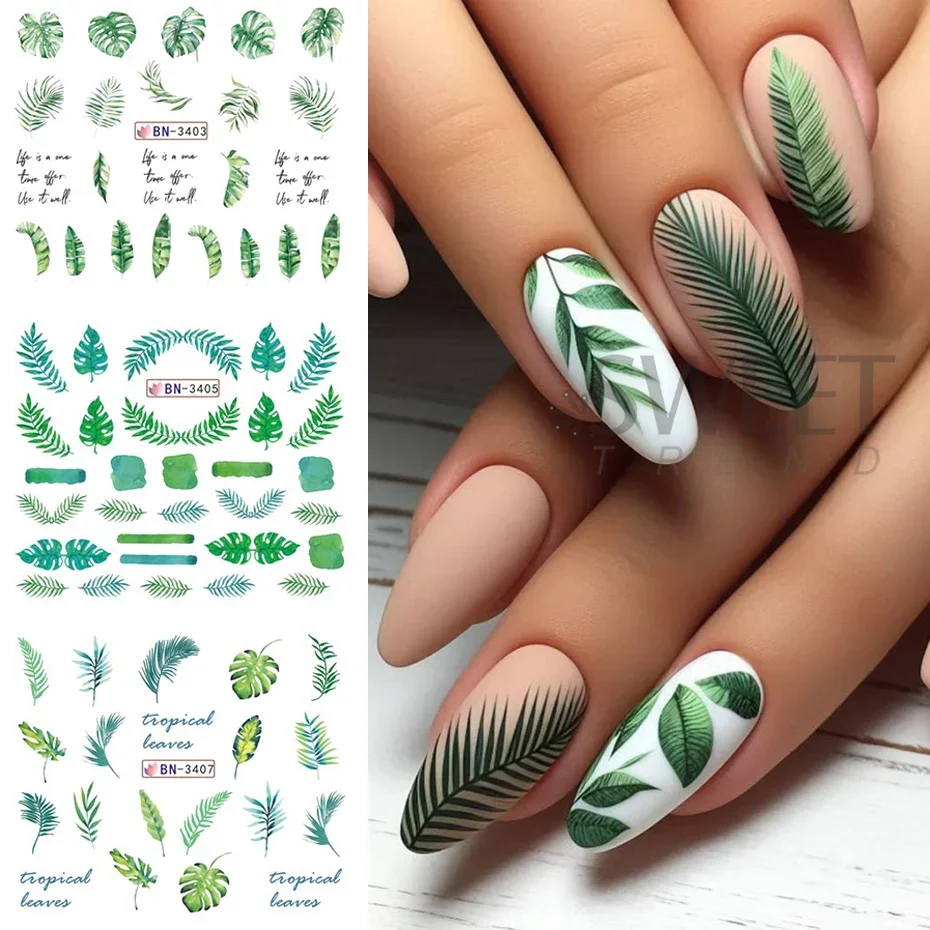 12pcs Summer Tropical Plants Nail Stickers Green Banana Leaves Palm Tree Floral Water Transfer Decals Sliders DIY Manicure Decor