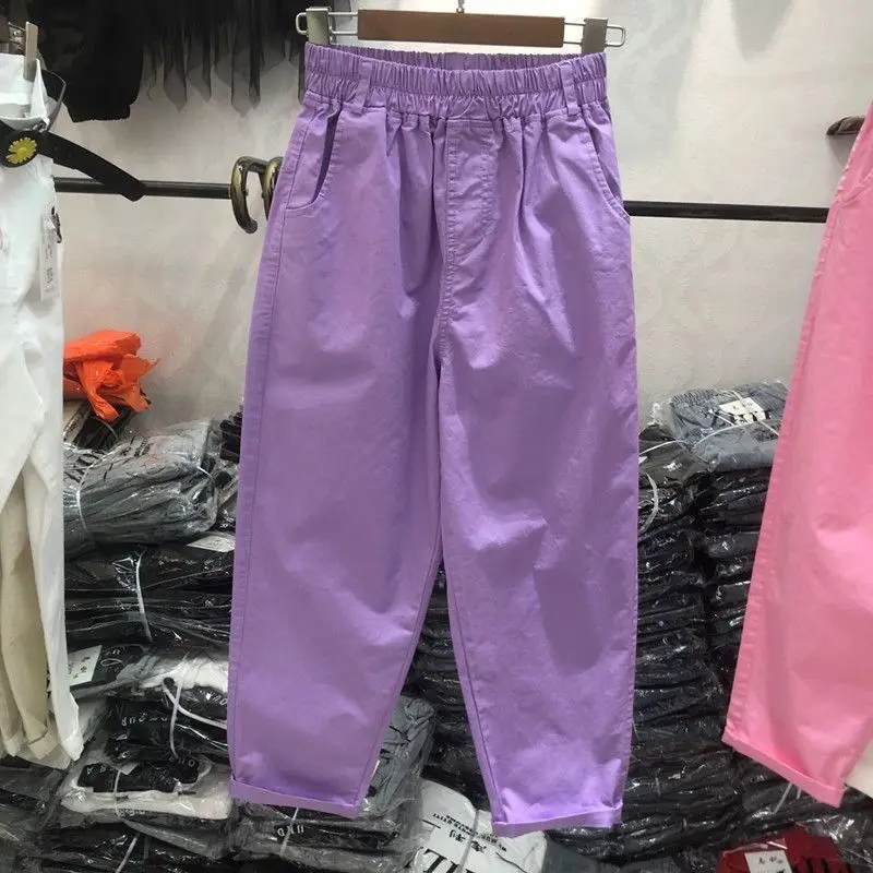 Korea Summer Purple Radish Pants for Women 2023 New Candy Color Elastic High Waist All-match Casual Harem Pants Ankle-length