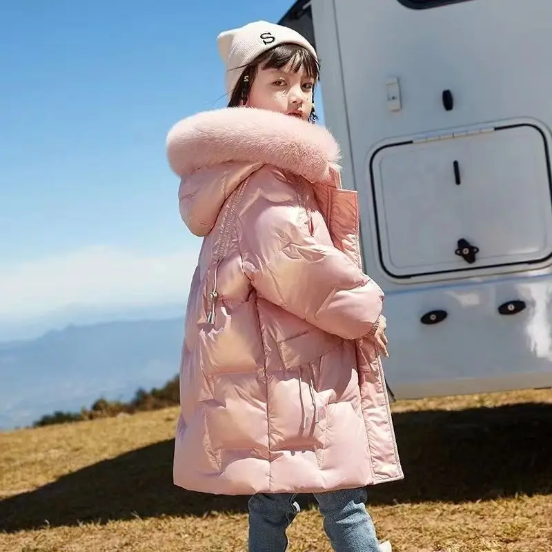 Fashion Girls Winter Coat Faux Fur Hooded Parkas Children Thickening Warm Bright Cotton Padded Jacket For Kids Outwear TZ659