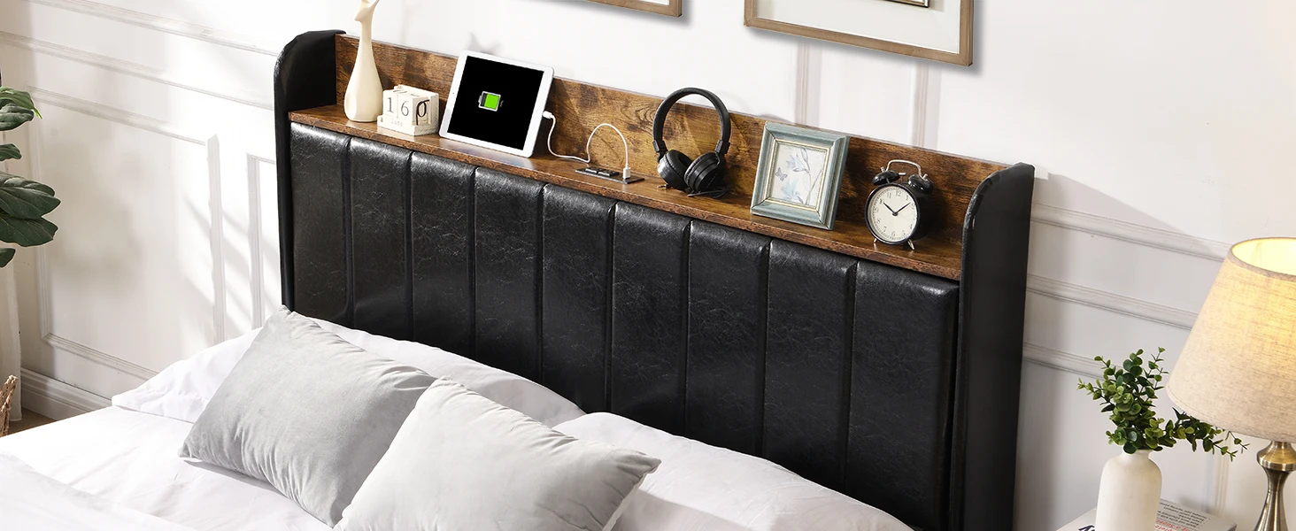 Description Picture 4 of itemUpholstered Bed Frame Queen Size with Headboard, Platform Queen Bed Frame with Storage Drawers & Charging Station, No Box Spring