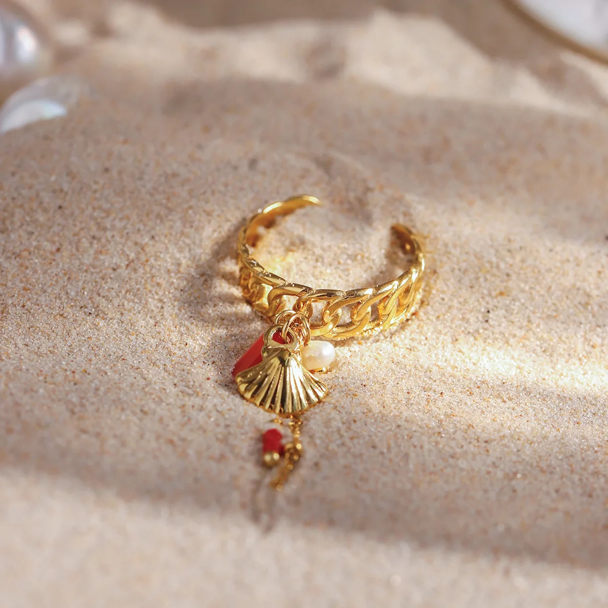 Personality Rock Tassels Chain Splicing Scallop Shell Open Ring Imitation Pearl Red Beads Knuckle Ring Daily Versatile Jewelry