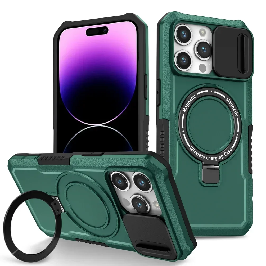 Luxury Metal Phone Case with 360° Built-in Bracket and Sliding Camera Protection