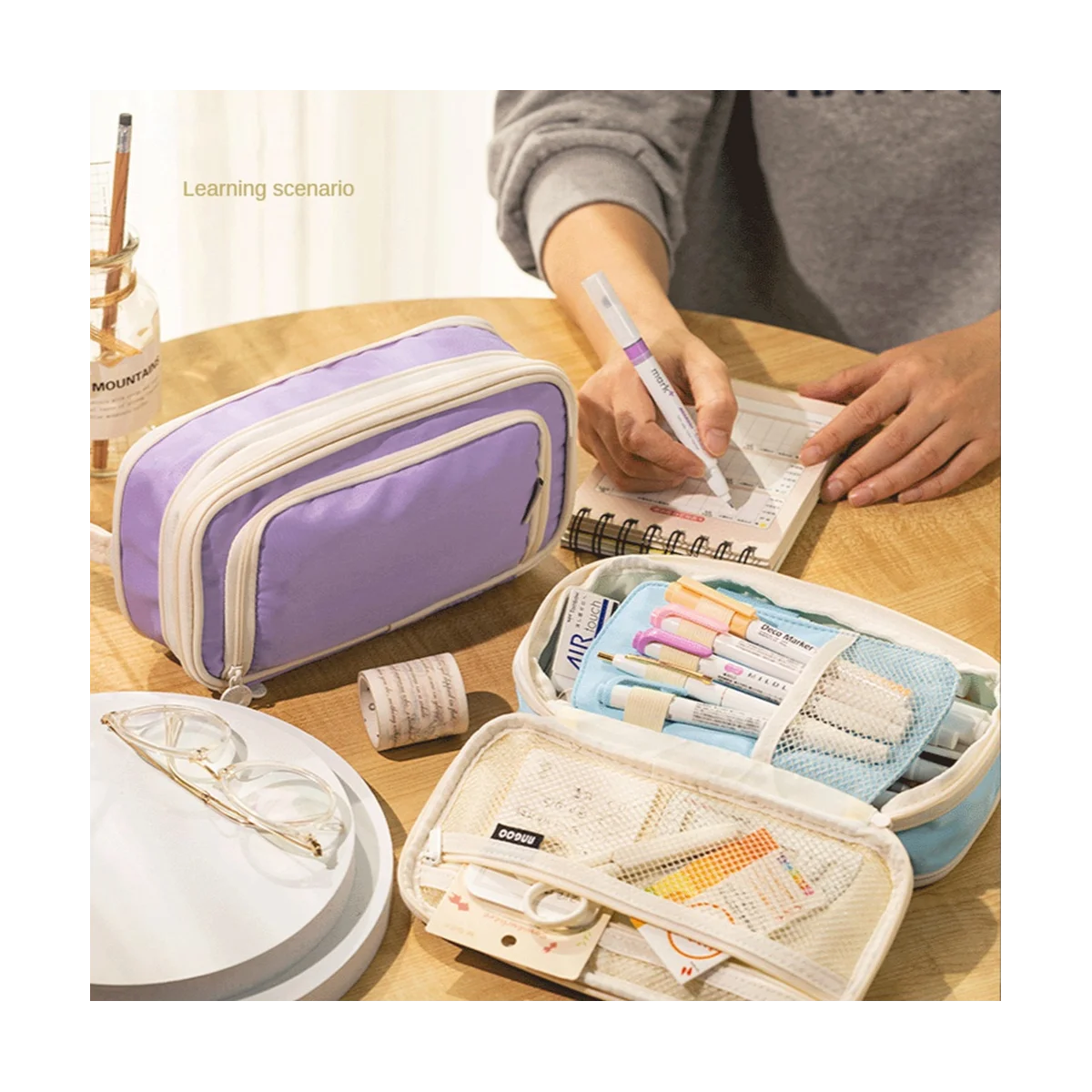 

ANGOO Classic Pocket Pen Pencil Case, Fold Canvas Stationery Storage Bag Organizer for Cosmetic Travel Student Blue