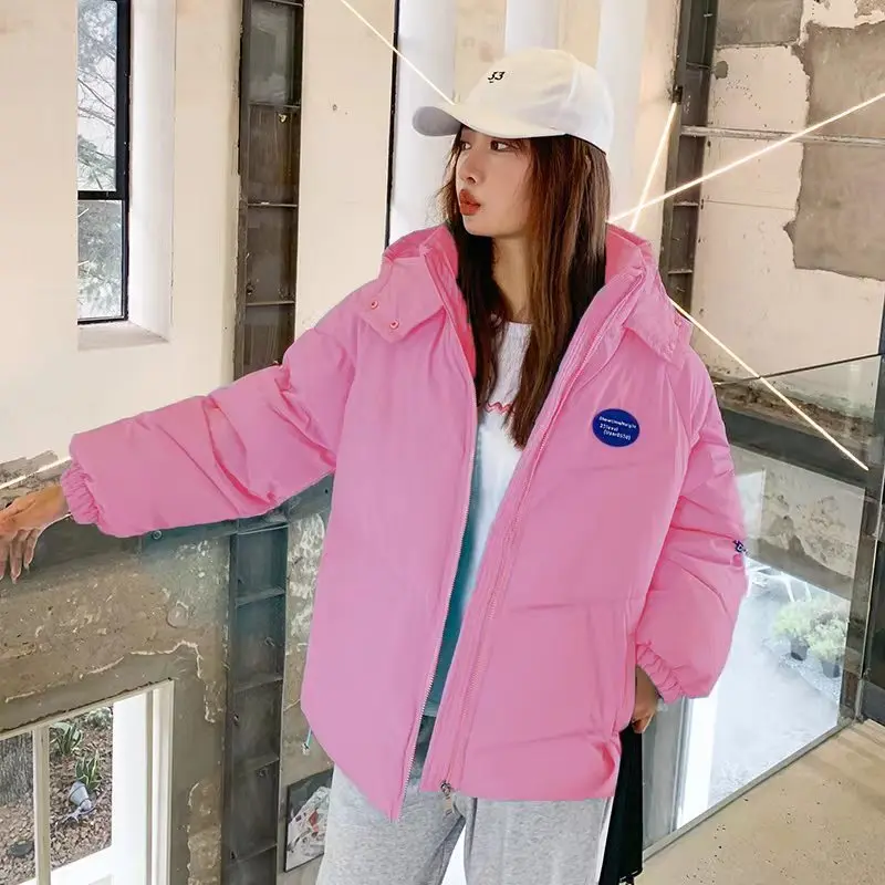 oversized hooded parkas women letter print autumn winter coat solid colors long sleeve warm cotton down padded jacket S-XL