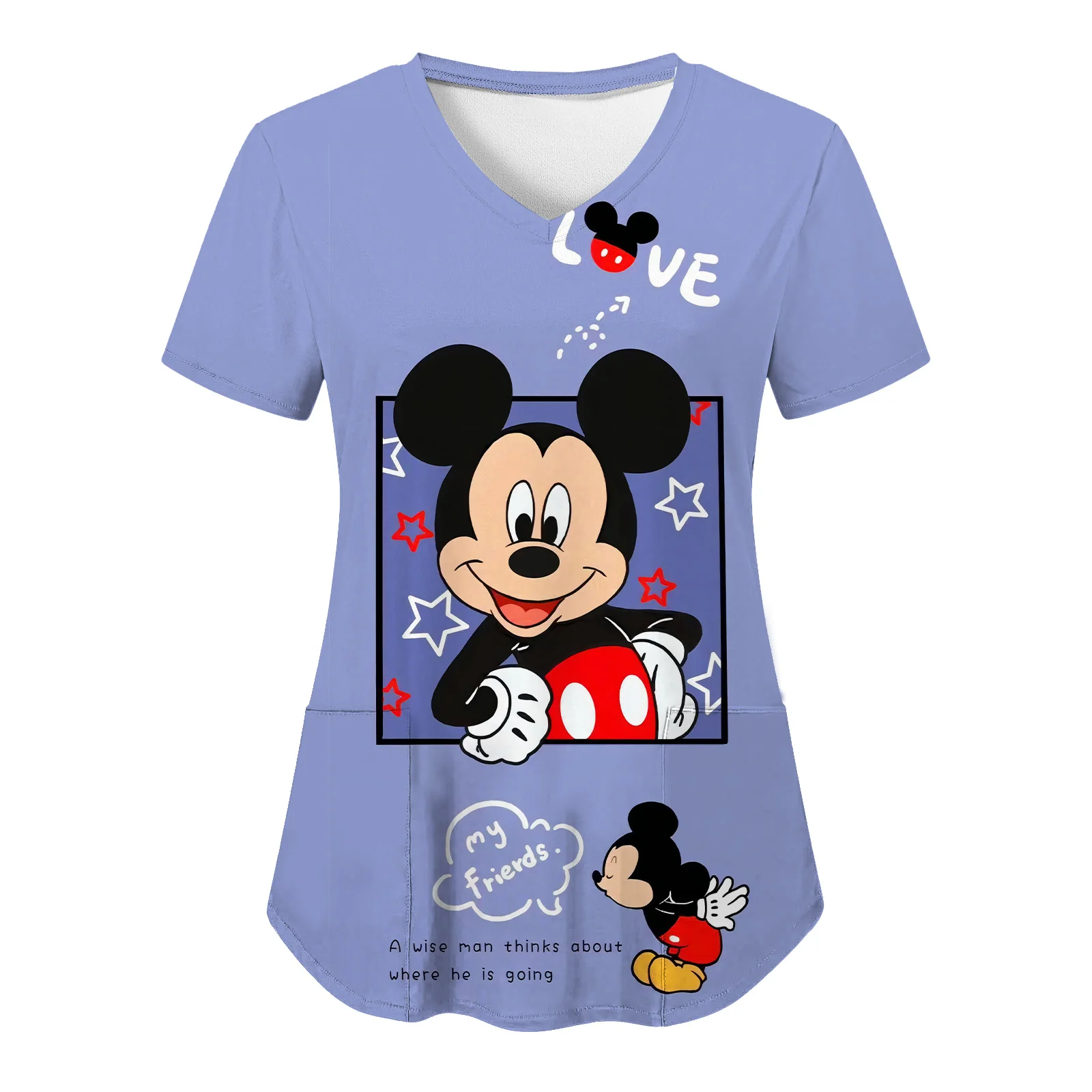 T Shirts Pocket Woman Clothes Minnie Mouse Shirt Summer T-shirts Nurse Uniform T-shirt Mickey Top Women 2023 Disney Tops V Neck