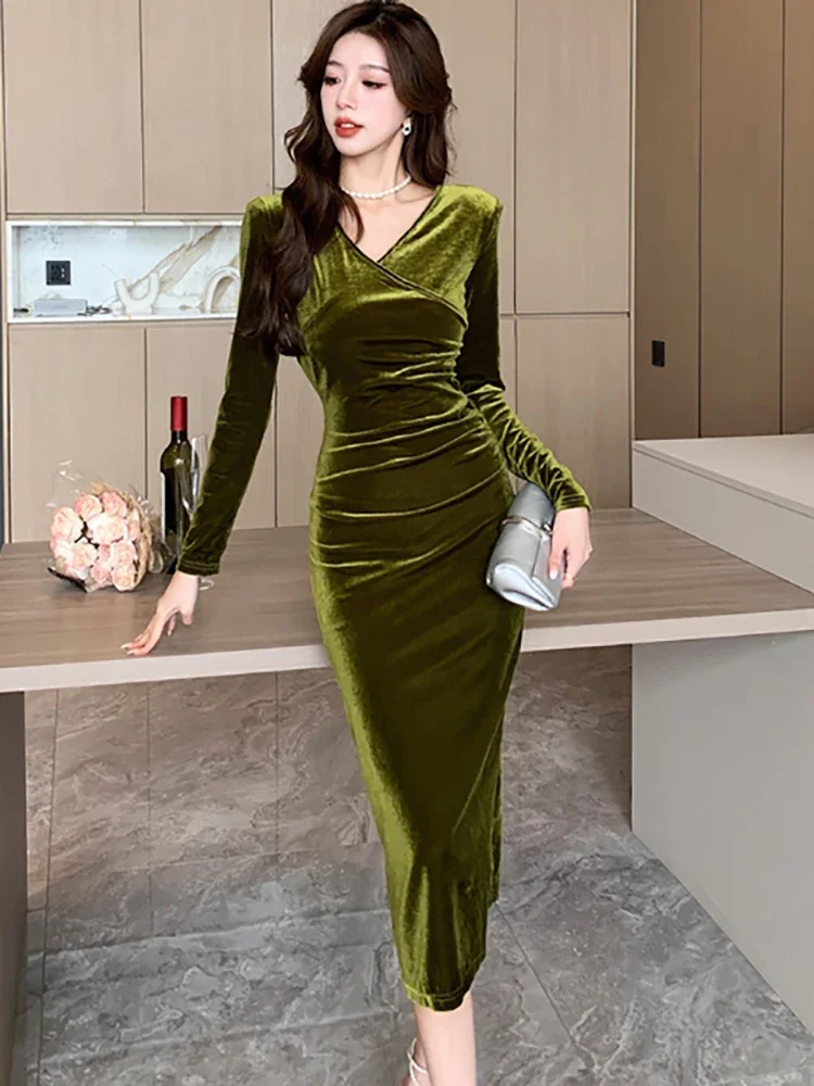 2025 Green Velvet Luxury Party Evening Dress Women Fashion Bodycon and  Pretty Vestidos Autumn Winter Long Sleeve V-Neck Dresses - AliExpress