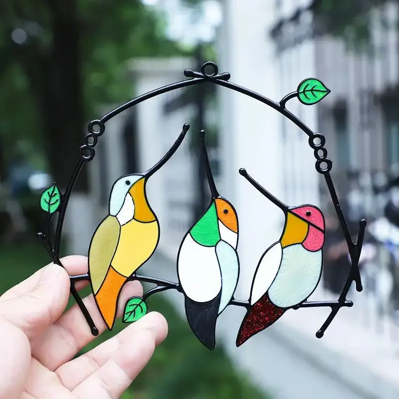 Colorful Metal Stained Glass Bird Panel Window Hanging Decor | Artistic Parrot & Birds Ornament with Wind Chimes