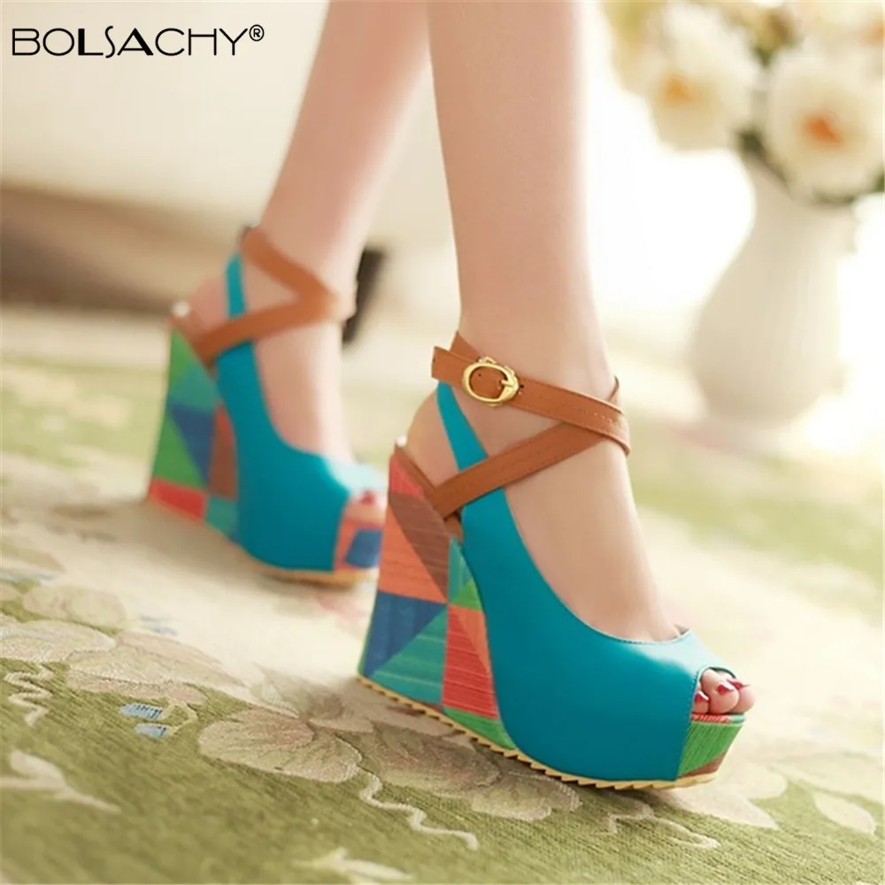 

2023 New Women High-heeled Sandals Boho Wedge Mixed Color Peep Toe High Heels Beach Shoes Drees Shoes Ankle Tie Muller Shoes