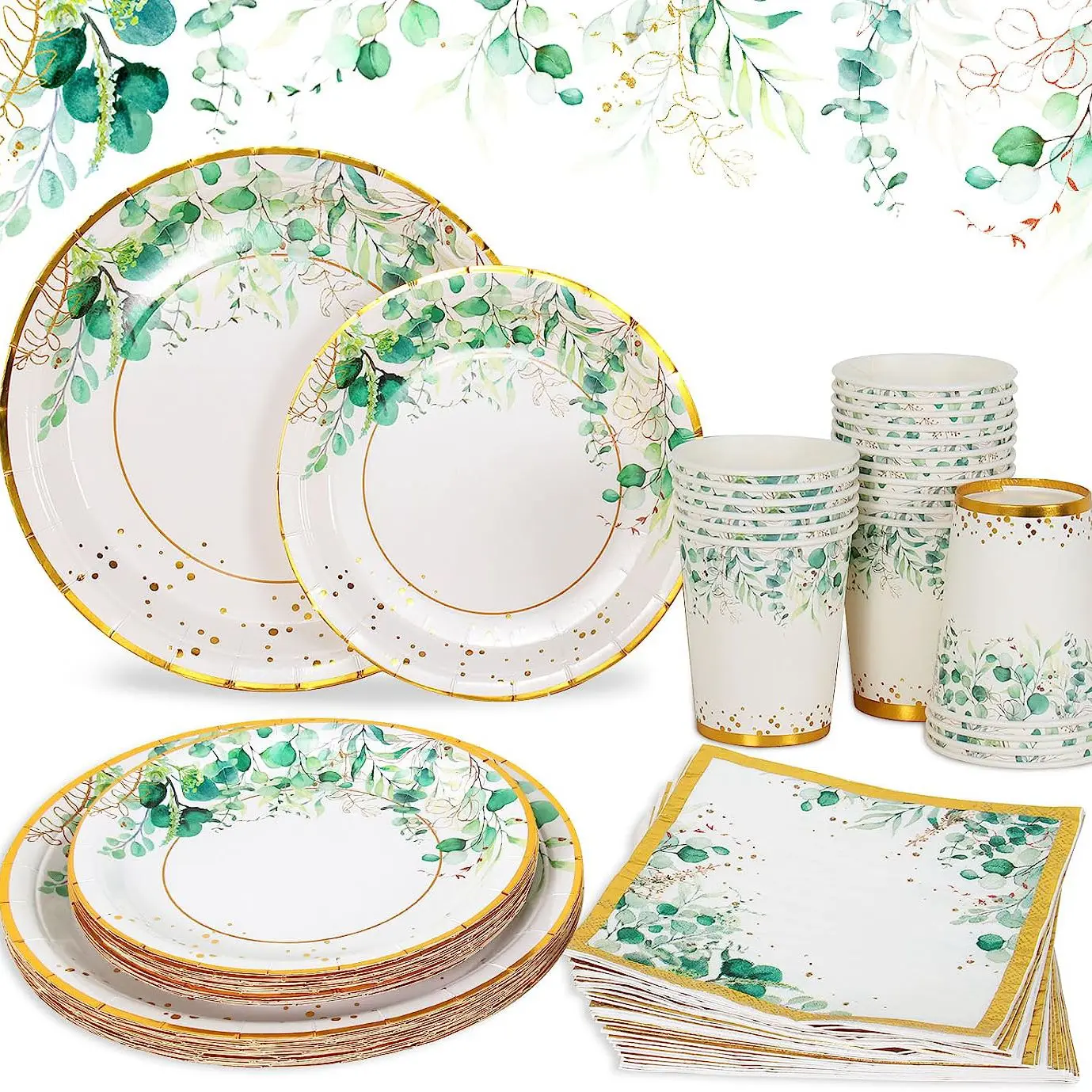 Sage-Green-Leaves-Disposable-Tableware-Gold-Edge-Paper-Plate-Cup ...