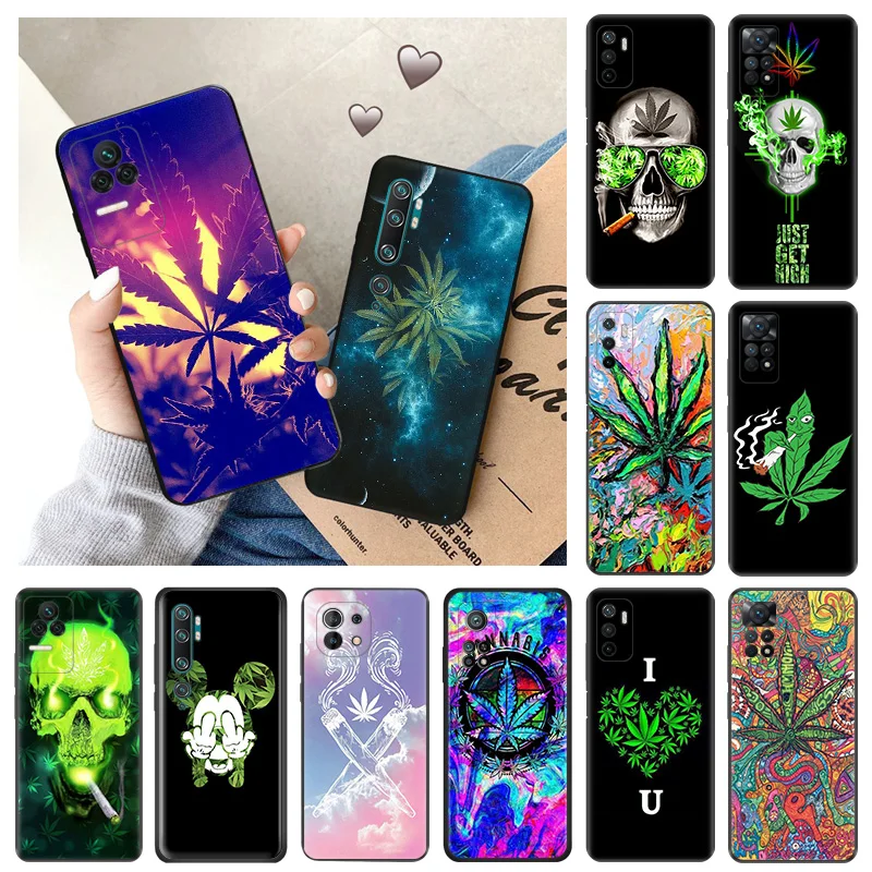 Custodie Per Telefoni Per Redmi Note 9 10 Lite 10S 9S 11S 11 Pro A 12C 9A Mi 9T Abstract Cannabis Leaf Weed Art Black Soft Anti-Drop Cover