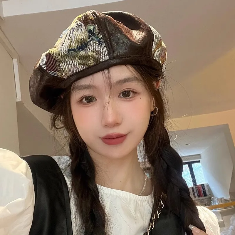 

Нишевый модный жаккардовый берет для щенка из искусственной кожи сращивающийся берет Женская осенне-зимняя трендовая Ретро британская шапка художника Тыква