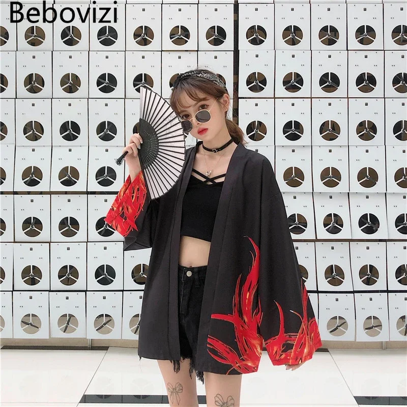 Japanese Kimono Japanese Kimono Cardigan Flaming Phenix Print Cardigan Harajuku Women Men Yukata Streetwear Haori