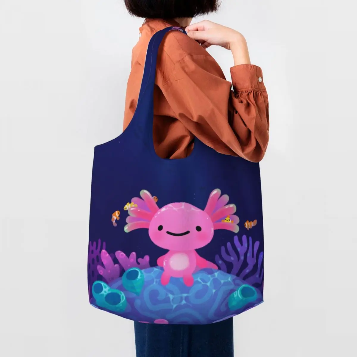 

Мультяшные коралловые сумки для покупок Axolotl, многоразовые холщовые сумки для покупок с саламандой и животными, сумки для фотографий