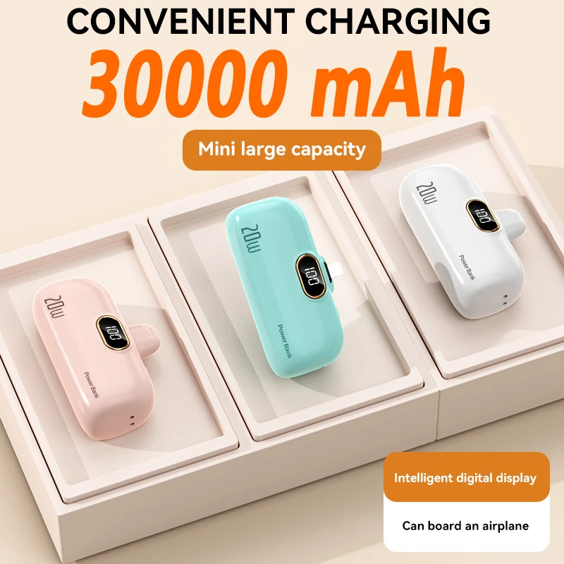 Power Bank Mini 30000mAh Built in Cable Portable Mobile Phone Charger External Battery Capsule for Type-C iPhone