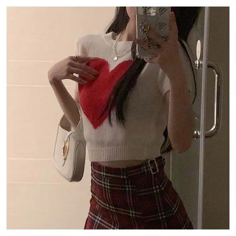 Blusa elegante y juvenil de estilo preppy, blusa de verano para mujer, camiseta de punto dulce, top corto, moda coreana
