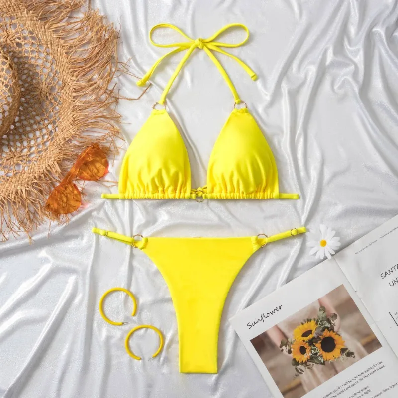 Sexy Women 2 Piece Bikini Spaghetti Strap Swimsuits Solid Color Bathing Swimwear Triangle Bathing Suit