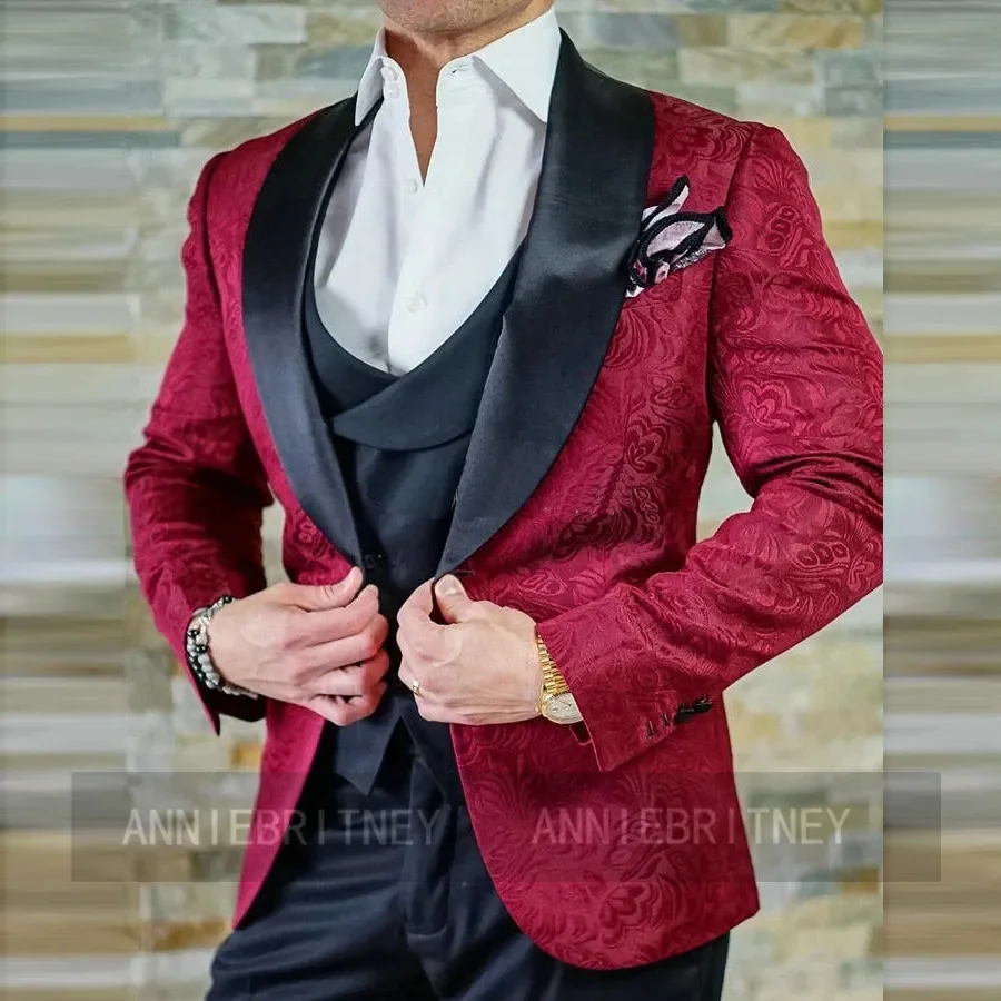 

Fashion Burgundy Jacquard Formal Wedding Men Suits Groom Tuxedo Prom Slim Fit Blazers High Quality Custom 3 Piece Set Costume