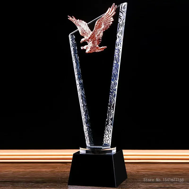 Customized Lettering, Creative Metal Golden Eagle Shaped Crystal Trophy, Sales Company, Enterprise Awards, Home Decorations, 1Pc
