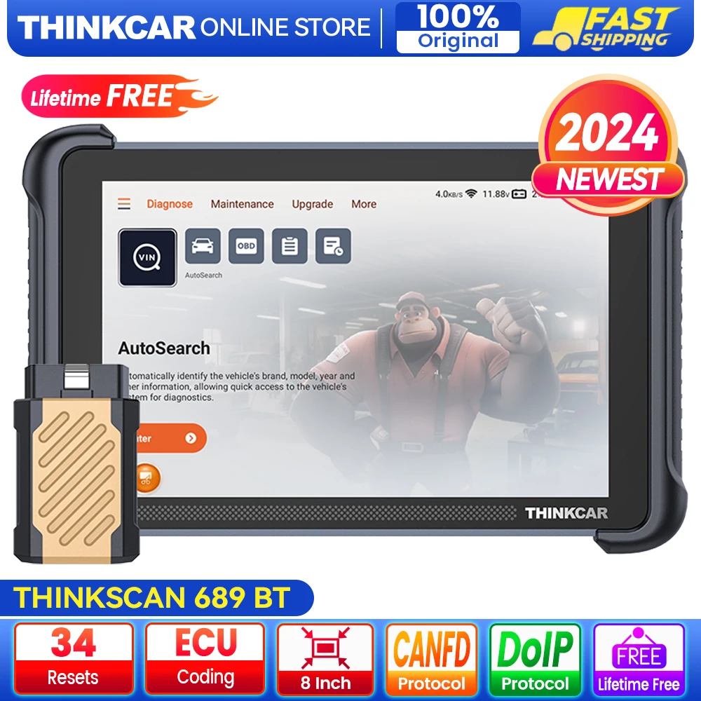 THINKCAR Thinkscan 689BT OBD2 automotive scan tool full system 34 reset car diagnostic tool ECU Coding CANFD DoIP Free update