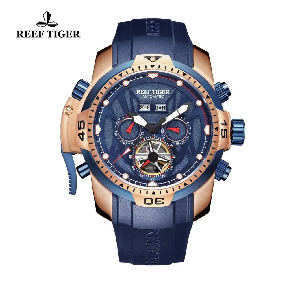 Reef Tiger Men's Tourbillon Mechanical Wristwatches Self-winding Luminous Calendar 100m Waterproof Center-seconds Sports Watch images - 6