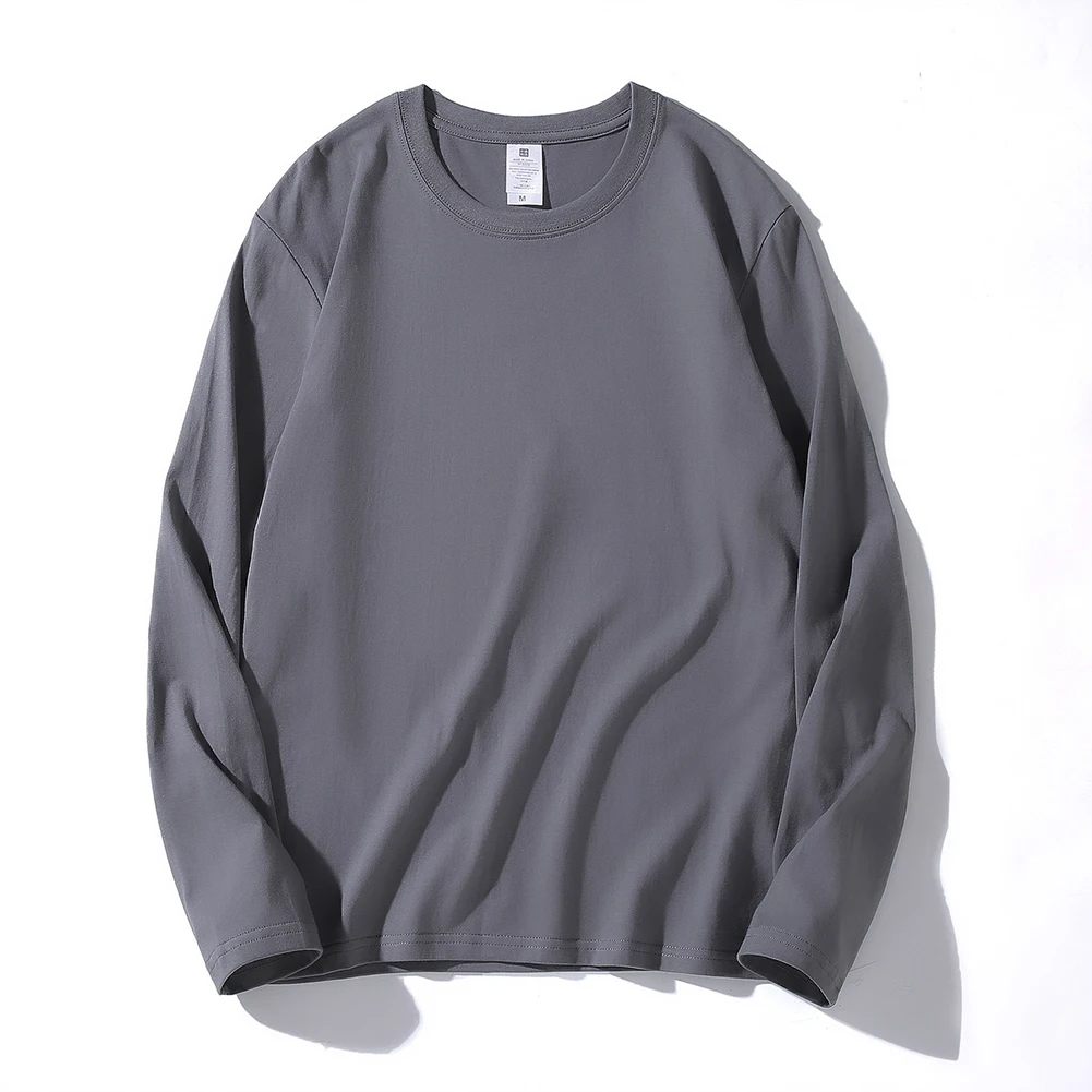 Mens Cotton Long-sleeved T-shirt Round-collar Solid-color Tees Tops Pullovers Soft Comfortable T-shirts Winter Warm Tops