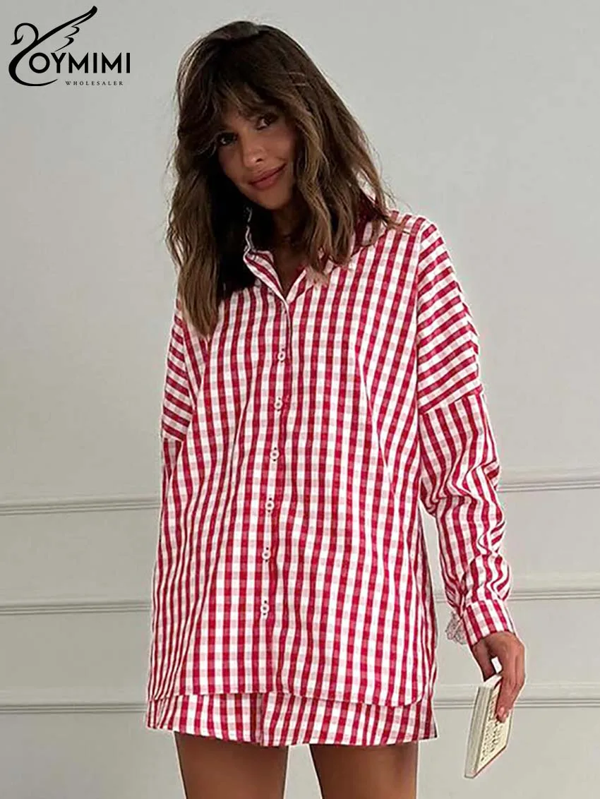 Oymimi Casual Red Plaid Print 2 Piece Sets Women Outfit Summer Long Sleeve Lace Patchwork Shirts + High Waist Shorts Female Sets