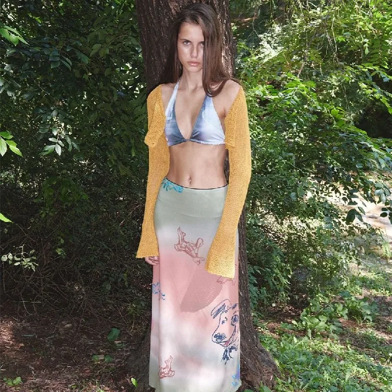 Xeemilo Cartoon Print Colorful Long Skirt Korean Fashion High-waist Straight Hip Skirts Summer Casual Streetwear Gradient Dress