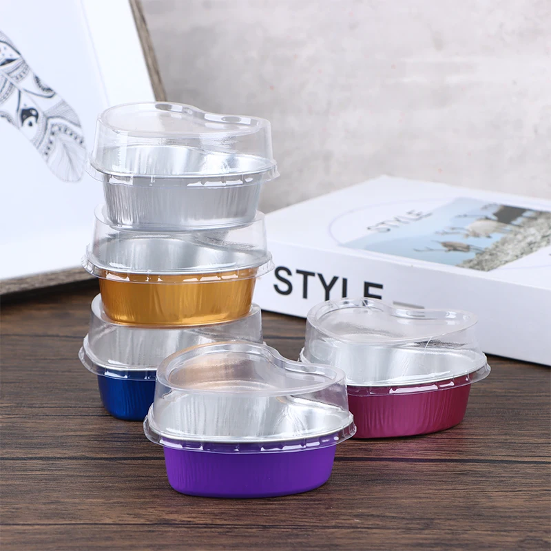 Heart Shaped Aluminum Foil Cake Pan 10Pcs baking supplies cake tools cake decorating kit With Lid Pudding Cupcake Cup Baking Cheese Tools Mould Kitchen Accessories