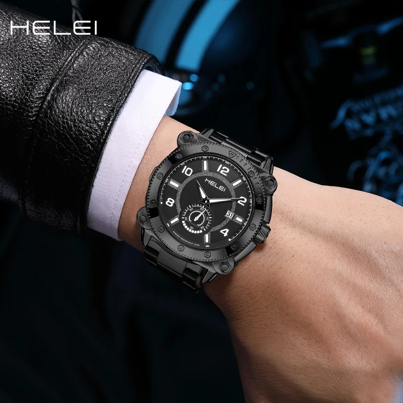 HELEI Luxury Men's Watch Stainless Steel Sport Luminous Fashion Quartz Men's Fashion Quartz Watch Waterproof Luminous