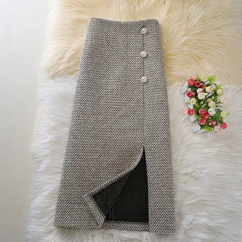 New Autumn and Winter Fashion Retro Twill Woolen High Waist Versatile Western Style Slim Mid Length Split Half Body Wrap Skirt