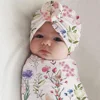 Ylsteed Rose Flower Print Newborn Photography Wrap with Turban Hat Infant Photo Shooting Outfits  Baby Receiving Swaddle Blanket 1
