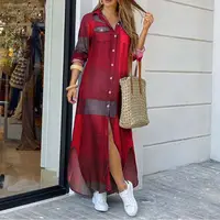 Robe chemise à carreaux imprimée à col polo pour femme, élégante, en denim, manches longues, poches boutonnées, ample, mode printemps-automne 5